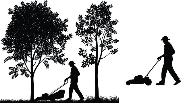 Lawn mower man silhouette vector background set cutting grass under tree for landscaping garden care maintenance service logo element design template