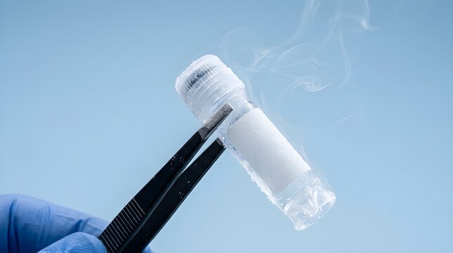 Close up shot of black tweezers holding a frozen cryovial sample tube emitting cold smoke vapor.