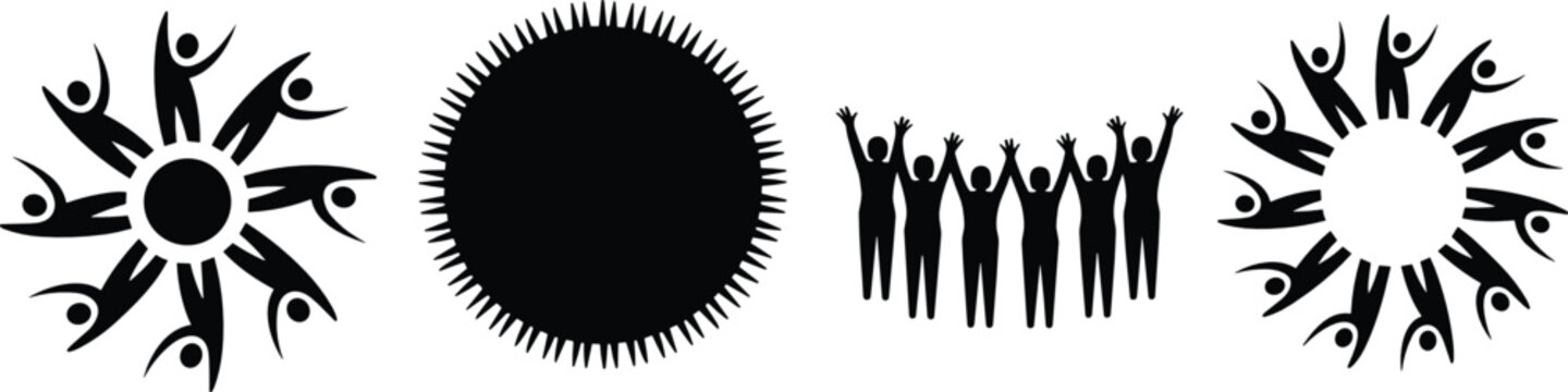 Abstract community people silhouette vector icon set isolated on white background for team unity sun shape logo design celebration element template