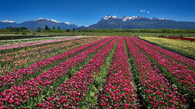 Aerial view of vibrant rows of pink and yellow tulips in the Campo de Tulipan in Trevelin with snow-capped mountains in the background in Argentina.