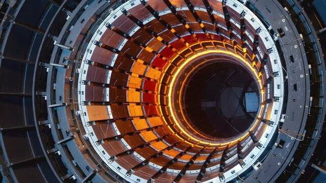 Superconducting Magnetic Coils Pulsing Around Fusion Core, Amber Overhead View, Research