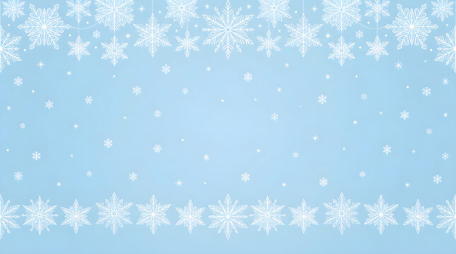 Winter background with intricate white snowflake borders on a soft blue backdrop. Perfect for Christmas greeting cards or seasonal holiday.