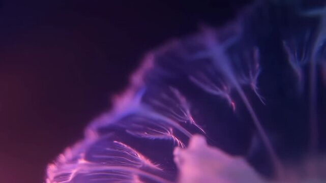 Close-up glowing ruffled membrane edge with luminous filaments under magenta indigo rim light, translucent folds, soft vein detail, glossy texture, abstract organic surface