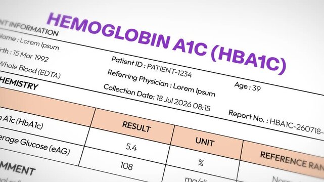 Hemoglobin a1c blood test report showing patient information, results, and collection date for diabetes monitoring. 4k animation.