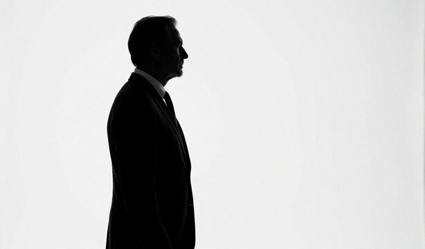Black silhouette of mature man in formal suit with necktie stands sideways against bright white background. Confident executive person looks ahead. Professional businessman figure represents