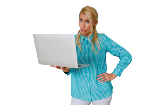 Woman experiencing confusion and technology frustration while using a laptop, problem with online communication