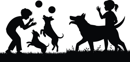 Kids playing with dogs silhouettes vector set featuring children throwing balls puppies jumping active pets on grass meadow