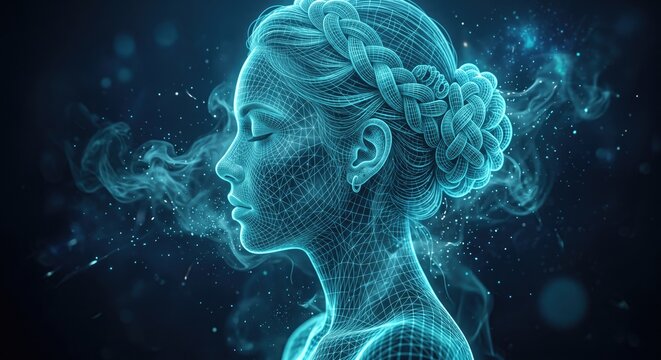 Glowing ethereal human female portrait misty - glowing digital human concept art