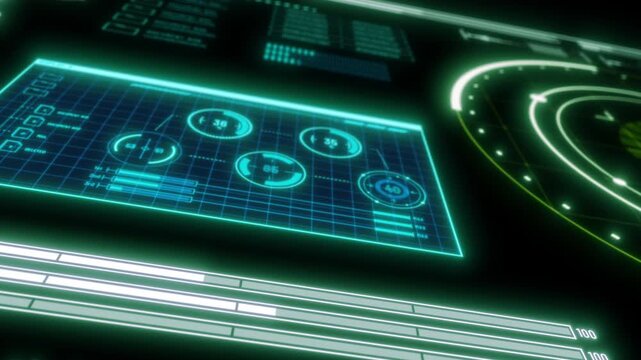 A sci-fi military-style analysis radar HUD screen with perspective, glowing in blue and green
