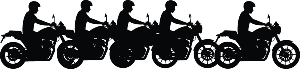 Motorcycle riders silhouettes vector set featuring men riding classic motorbikes traveling together commuting wearing safety helmets © Olivia