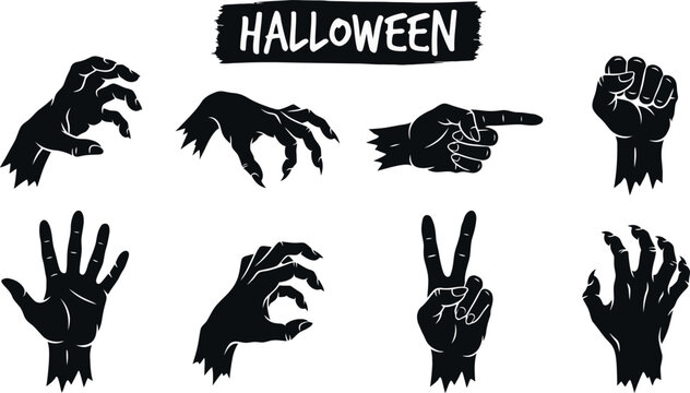 Set of hand drawn zombie hands and halloween text elements isolated on a white background