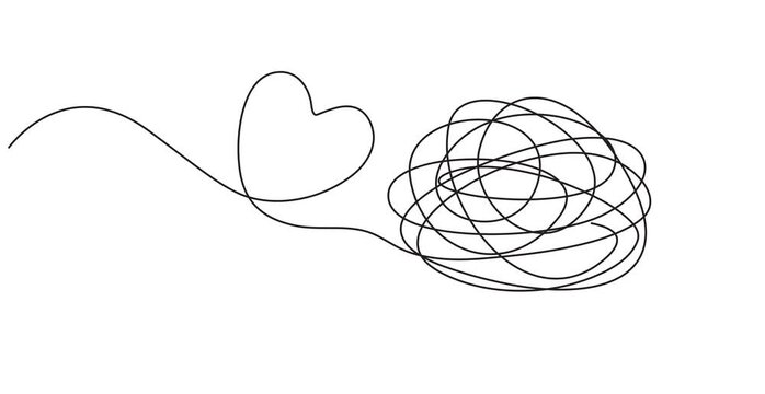 Animated self drawing of  Valentine's Day Heart Doodle Single Continuous Thin Line Drawing Border, Chaotically tangled line and tangled heart. Psychotherapy for couple concept of solving problems 