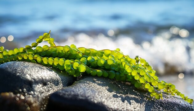 Macro Shot Of Fresh Green Sea Grapes Seaweed Caulerpa Lentillifera Growing On Wet Coastal Rocks With A Blurry Ocean Waves Background