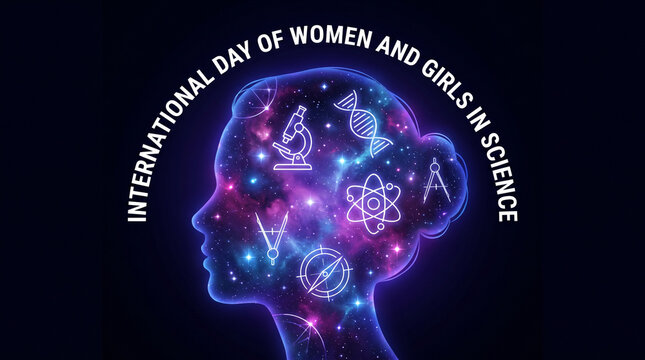 A conceptual illustration celebrating the international day of women and girls in science featuring a glowing human head silhouette filled with scientific icons