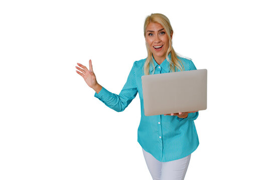 Businesswoman presenting ideas, holding a laptop and gesturing, explaining new strategies, transparent background