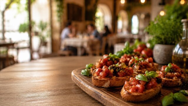 Bruschetta appetizers on table in warm restaurant cafe