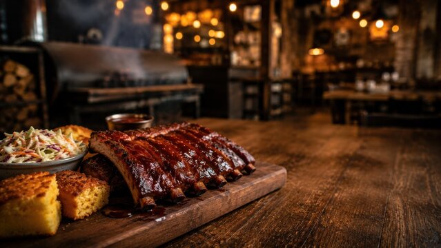 Barbecue ribs served in a rustic restaurant interior