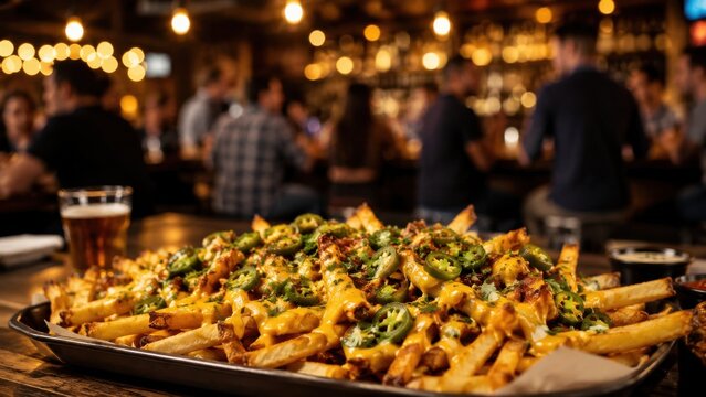 Loaded fries with cheese and jalapenos at a bar