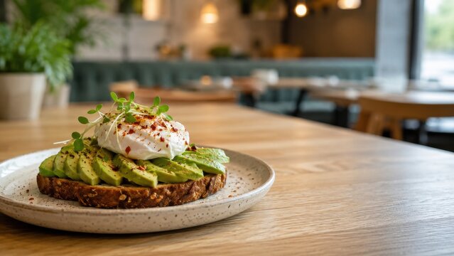 Avocado toast with poached egg in a cafe