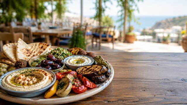 Mediterranean mezze platter on terrace overlooking the sea