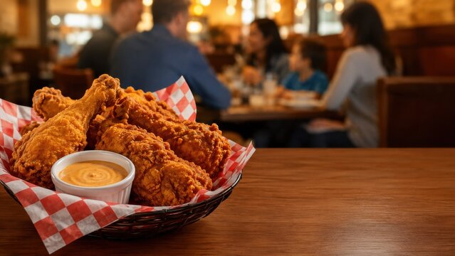 Fried chicken basket in cozy restaurant with diners