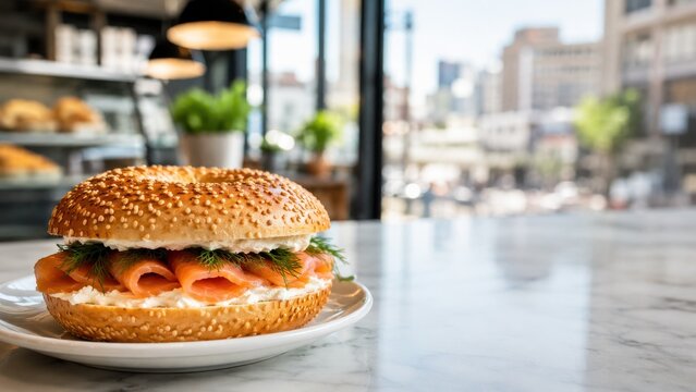 Sesame bagel with salmon in cafe