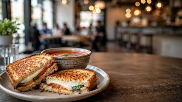 Grilled sandwich with soup on caf&eacute; restaurant table