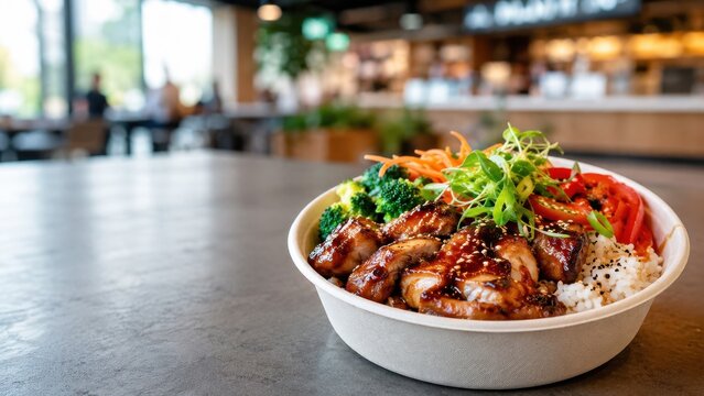 Teriyaki rice bowl on table in a cafe