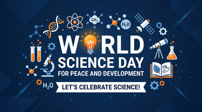 World science day for peace and development banner with various scientific icons and symbols on a dark blue background for educational event celebration