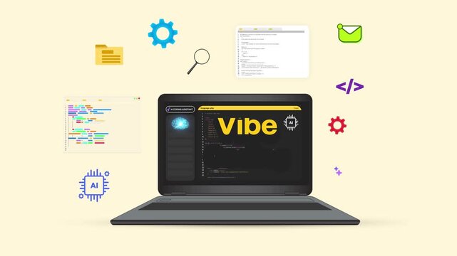 Laptop screen displaying vibe coding with ai coding assistant, colorful icons around, 4k animation