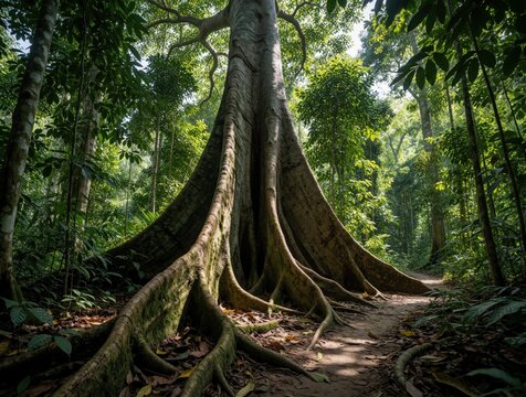 Massive kapok tree buttress roots stretch across forest floor in tropical Amazon rainforest. Sunlight filters through green dense canopy leaves. Giant woody stems stand tall in jungle wilderness.