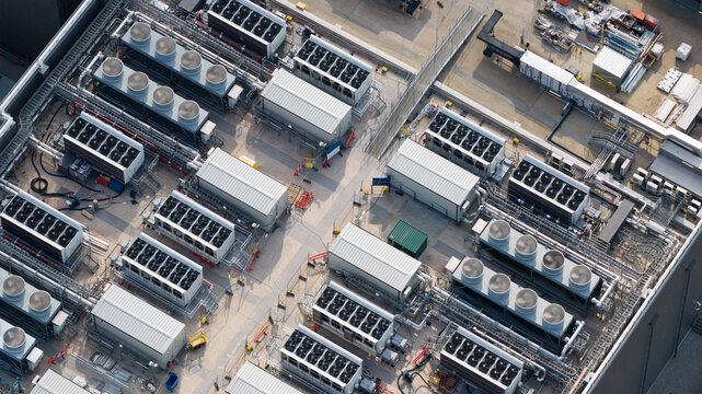 Aerial view of HVAC Cooling Systems on Modern Hyperscale Data Center