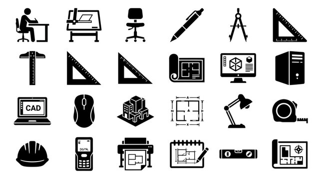 CAD and engineering design vector icon set, blueprints, drafting tools, computer, architecture, computer-aided design black glyph icons collection