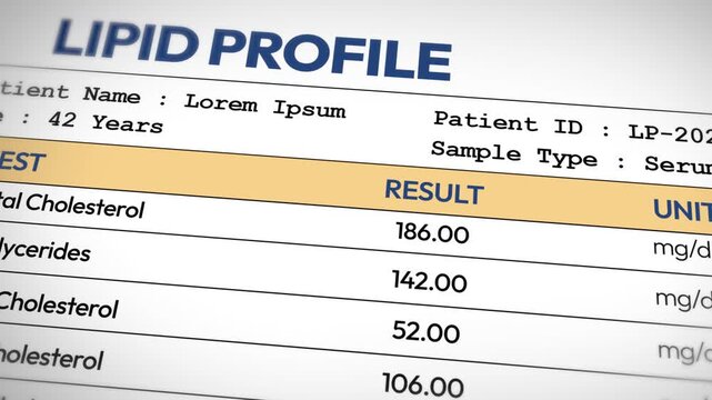 Lipid profile report showing cholesterol levels and patient information for health analysis in medical laboratory 4k animation.