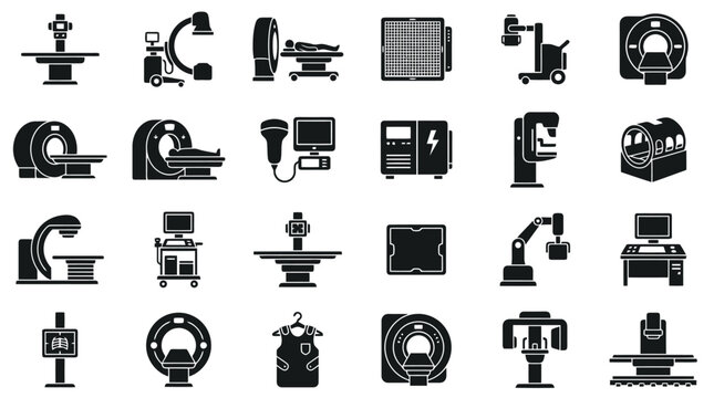 Medical imaging and radiology equipment vector icon set, X-ray, MRI, CT scan, ultrasound, diagnostics, hospital machinery black glyph icons collection
