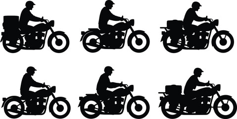Motorcycle riders silhouettes vector set featuring vintage classic motorbikes courier delivery guys men traveling riding with luggage helmets © Olivia