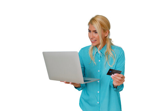 Woman holding laptop and credit card, happy shopping online, making secure electronic payment, e-commerce, purchasing