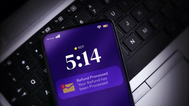 Modern smartphone displaying time, temperature, and refund notification on laptop keyboard background for technology, 4k footage