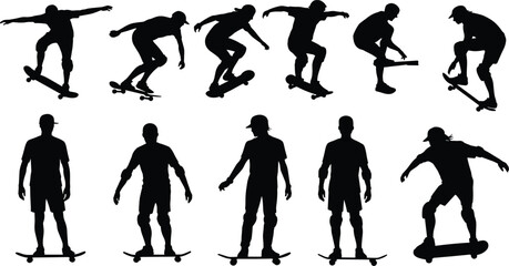 Skateboarders silhouettes vector set featuring teenage boys riding skateboards doing tricks jumps flips standing cruising urban active youth © Olivia