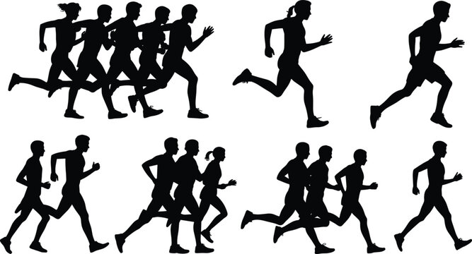 Running people silhouettes vector set featuring male and female athletes joggers marathon sprinters racing training exercising active lifestyles