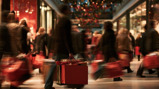 Holiday consumerism concept with endless shopping bags and festive retail pressure.