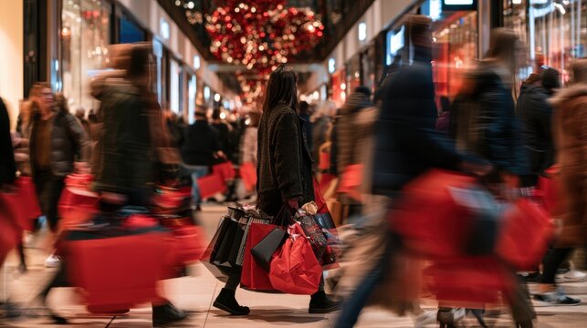 Holiday consumerism concept with endless shopping bags and festive retail pressure.