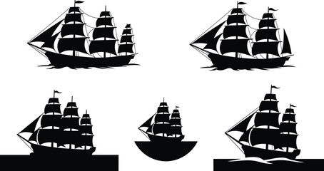 Sailing ships silhouettes vector set featuring vintage tall wooden pirate galleon boats with large sails cruising on sea waves © Olivia