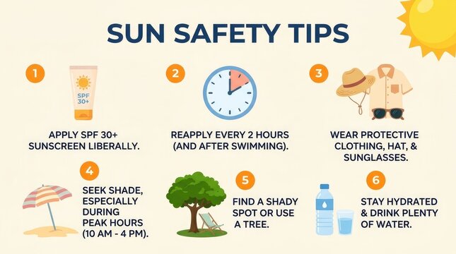 Sun safety tips infographic featuring essential summer precautions for healthy skin and outdoor protection during heat
