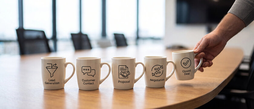 Business sales process represented by a row of coffee mugs with icons for lead generation, customer contact, proposal, negotiation, and closed deal on a boardroom table