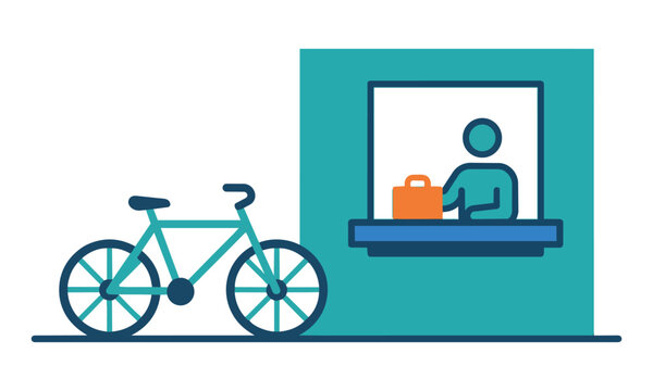 Minimalist icon of a bicycle at a service window for quick pickup and ordering retail and delivery concept