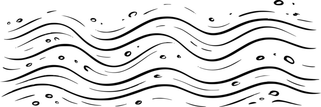 きれいな白い背景に描かれた、小さな泡を伴う流れる水の波の手描きの白黒画