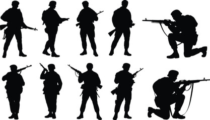 Military soldiers silhouettes vector set featuring armed combat infantry troops holding rifles shooting aiming kneeling standing fighting poses © Olivia