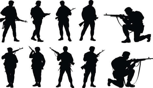 Military soldiers silhouettes vector set featuring armed combat infantry troops holding rifles shooting aiming kneeling standing fighting poses