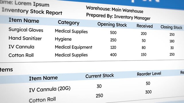 Medical inventory report showing stock levels of supplies and equipment in 4k animation for inventory management and tracking.